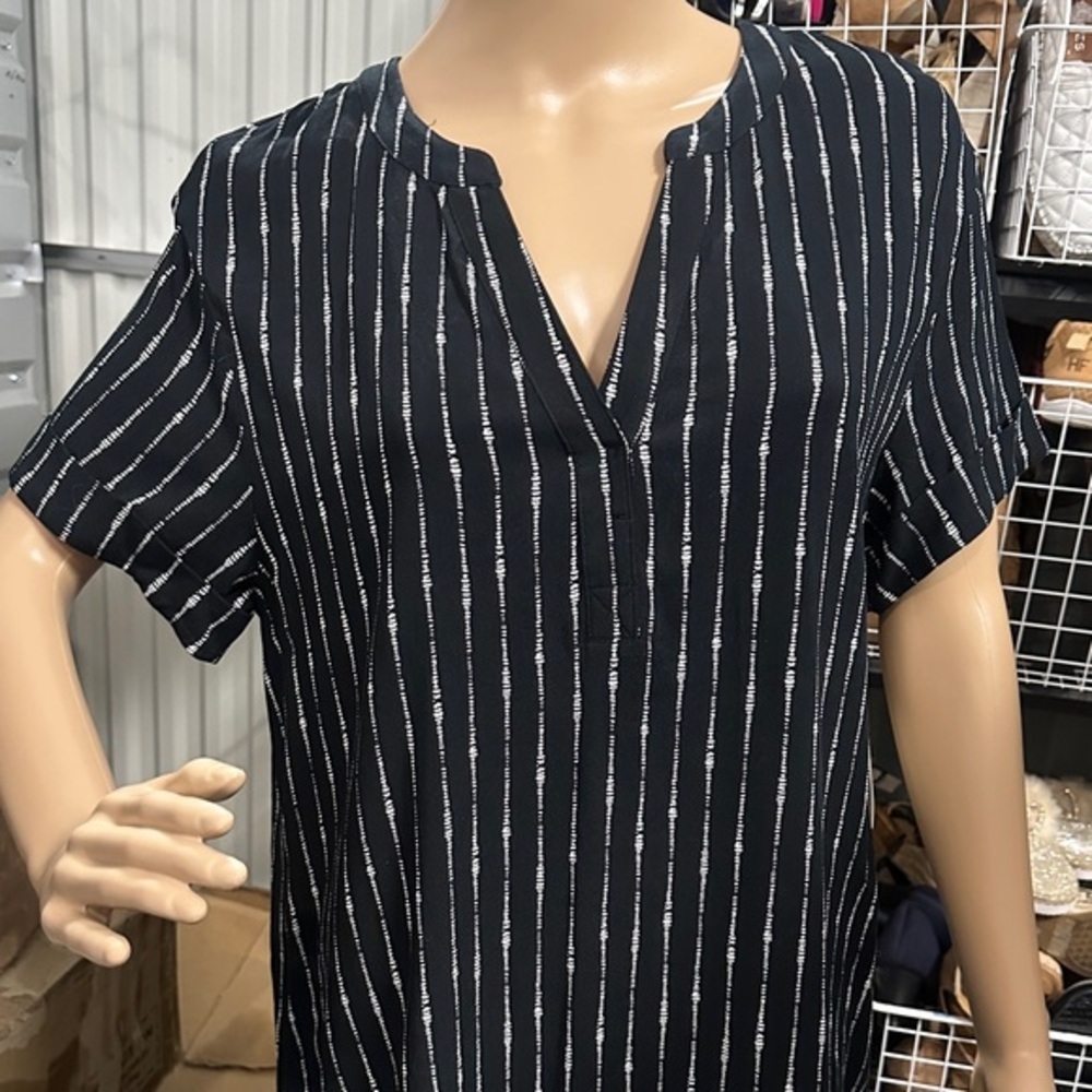 NWT   a.n.a Black w/ White Striped Midi Dress w/short sleeves  size m